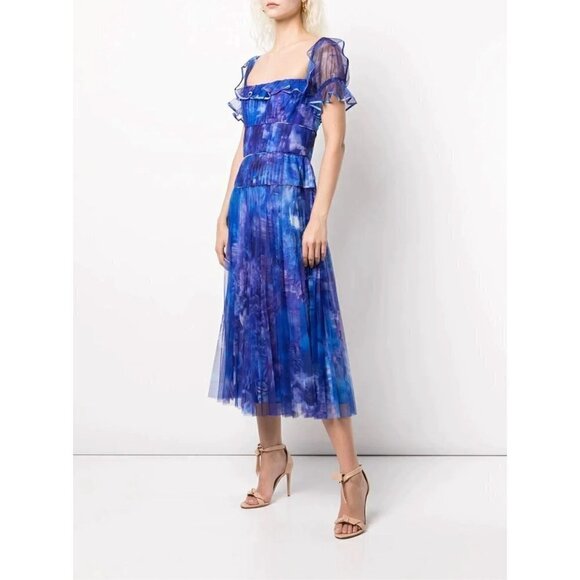 Marchesa Notte Pleated SLEEVELESS Printed Chiffon Dress Royal Blue Womens Size 2 - Picture 2 of 10